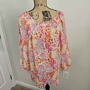 Chaps Semi Sheer Floral Blouse Sz XL Long Sleeve Scoop Neck Button Front EUC